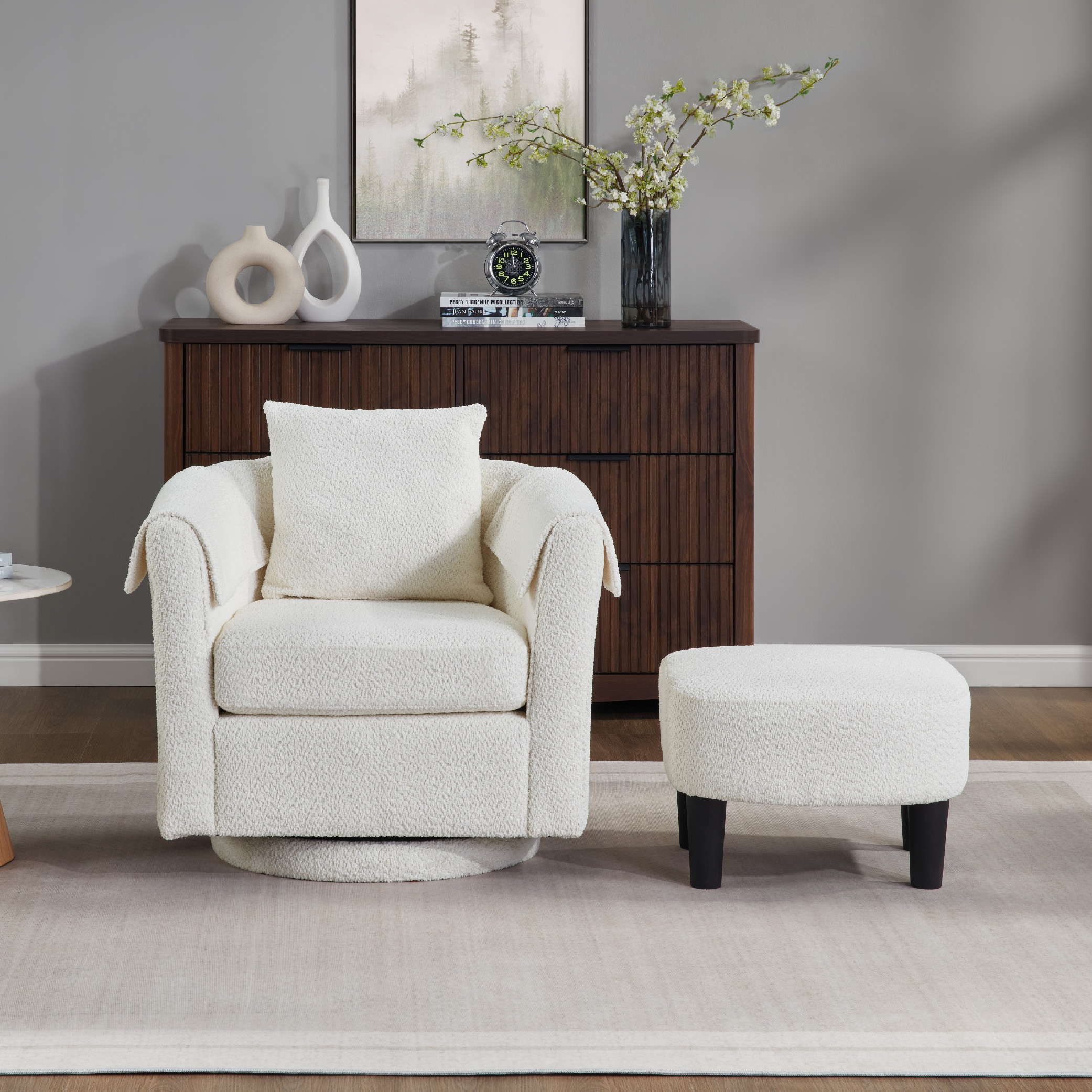 Swivel Accent Chair With Ottoman Set, Modern Chenille Barrel Armchair With Removable Back Pillow & 2 Armrest Covers For Living Room, Bedroom, Office, White_maomaolike.com